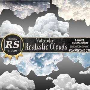 7 Realistic Clouds Clipart, photoshop cloud overlays, png clip art real cloud, watercolor rain cloud weather digital instant download