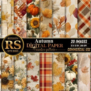 Digitalt höstpapperspaket, höstlöv, pumpor, solrosor och rutiga scrapbook-bakgrunder