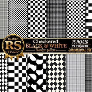 May include: A collection of 15 black and white seamless patterns featuring various checkered, grid, and geometric designs. A gold circular logo with the text REXSEN RS STUDIO is centred over the images with the text Checkered BLACK & WHITE.