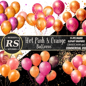 Clipart ballons rose vif et orange, clipart fête scintillante pour anniversaires format PDF téléchargement immédiat pour un usage commercial