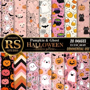 Peut inclure: Une collection de 20 motifs numériques sans couture présentant des thèmes d'Halloween avec des fantômes, des citrouilles orange, des chats noirs, des chauves-souris, des bonbons et des toiles d'araignée sur fond rose, noir et blanc.