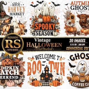 Può includere: Una collezione digitale di 20 design grafici a tema Halloween con zucche, fantasmi, pipistrelli, girasoli e una mucca highland. Gli elementi testuali includono Witch Harvey Market, Spooky Season, Pumpkin Patch Weekend, Welcome to Boo Town e Ghost Coffee Club.
