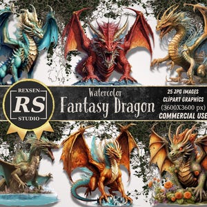BIG BUND Dragons Watercolor Clipart, Fantasy Dragons PNG, Magical Fairytale Instant Download Paper Crafts Junk Journal Scrapbooking
