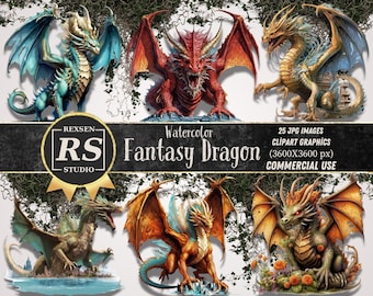 Watercolor Dragon Clipart PDF, 25 Cute Fantasy Dragon Graphics, Mythical Creature Digital Download