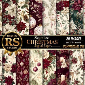 Könnte beinhalten: Eine Sammlung von 20 nahtlosen digitalen Papierbildern mit Weihnachtsmotiven wie Weihnachtssterne, Tannenzweige, Christbaumkugeln, Kerzen und Hirsche in Rot, Weiß und Grün. Der Text lautet REXSEN RS STUDIO Seamless CHRISTMAS Digital Paper.