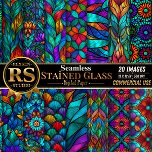 Op de afbeelding: Een collectie van 20 naadloze digitale papierafbeeldingen met glas-in-loodpatronen in levendige kleuren zoals taling, paars, oranje en rood. De tekst luidt REXSEN RS STUDIO Seamless STAINED GLASS Digital Paper 20 IMAGES 12 x 12 IN 300 DPI.
