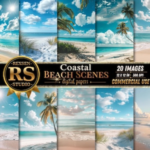 Op de afbeelding: Een verzameling digitale papieren met kuststrandsferen. De afbeeldingen tonen zandstranden, turquoise wateren, palmbomen en een helderblauwe lucht met pluizige witte wolken. De tekst op de afbeelding luidt "Coastal Beach Scenes digital papers" en "20 afbeeldingen 30.48 x 30.48 cm 300 DPI Commercial Use."