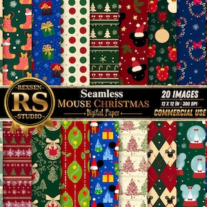 Puede incluir: Una colección de 20 patrones de papel digital sin costuras con temas navideños que incluyen siluetas de ratón, calcetines, regalos, bolas de nieve y árboles en rojo, verde, azul y crema, etiquetados como 30,48 x 30,48 cm 300 DPI.