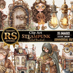 Pode incluir: Uma coleção de 15 ilustrações digitais com tema steampunk, apresentando personagens com óculos de proteção, edifícios mecânicos complexos, lâmpadas ornamentadas e uma torre de relógio, com o texto REXSEN RS STUDIO CLIP ART STEAMPUNK.