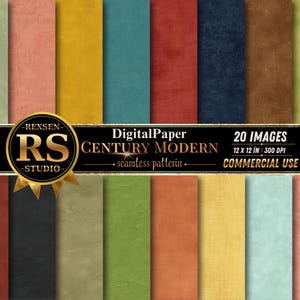 May include: A collection of 20 digital paper seamless patterns featuring textured surfaces in various solid colours including red, blue, yellow, green, and black. A central black banner displays the text REXSEN RS STUDIO DigitalPaper CENTURY MODERN.
