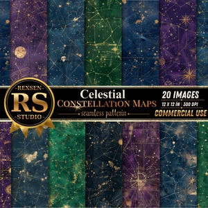 Puede incluir: Una colección de 20 patrones digitales sin costuras con mapas de constelaciones celestiales en tonos azul profundo, morado y verde con detalles de estrellas doradas. El texto dice REXSEN RS STUDIO Celestial CONSTELLATION MAPS 20 IMAGES 30,48 X 30,48 CM 300 DPI.
