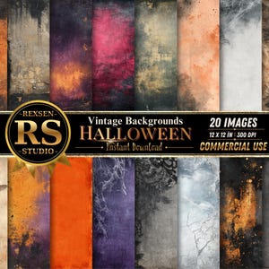 Può includere: Una collezione di 20 sfondi digitali vintage di Halloween con texture usurate, motivi grunge e tavolozze di colori scuri tra cui arancione, viola, nero e grigio. Il testo recita REXSEN RS STUDIO Vintage Backgrounds HALLOWEEN.