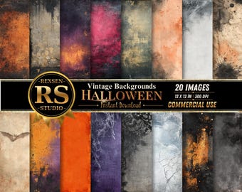 May include: A collection of 20 digital vintage Halloween backgrounds featuring distressed textures, grunge patterns, and dark color palettes including orange, purple, black, and grey. The text reads REXSEN RS STUDIO Vintage Backgrounds HALLOWEEN.