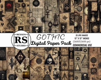 Gothic Digital Paper Pack 12x12, Dark Fantasy Scrapbook Paper, Moody Printable Backgrounds for Journals, 25 Designs
