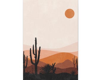 Desert Sunset Canvas Art, Boho Cactus Illustration