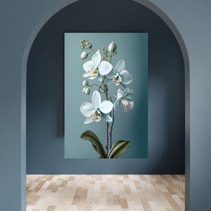 Impression botanique sur toile : orchidée blanche sur bleu sarcelle - finition galerie mate