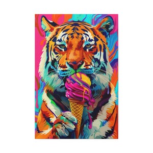 Pop Art Tiger Canvas: Bright Colors - Matte Finish on Pine Frame image 1