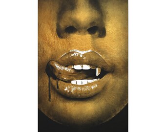 Retrato en lienzo de labios de vampiro: acabado mate en tonos dorados