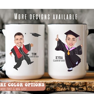 Taza de graduación personalizada con cara, regalo de graduación personalizado de la clase de 2025, taza de dibujos animados de graduado personalizada / regalo divertido para él o ella, taza de graduación