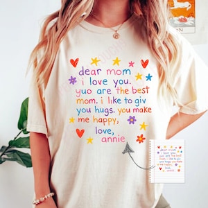 Carta manuscrita para mamá / Linda camiseta personalizada para mamá de hija o hijo / Camiseta personalizada con nota para niño pequeño, regalo para el Día de la Madre