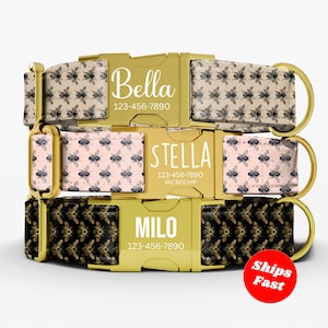 May include: Three personalized dog collars with gold-colored buckles. The collars feature bee patterns on beige, pink, and black backgrounds. Each collar has a name and phone number printed on the buckle: Bella, Stella, and Milo.