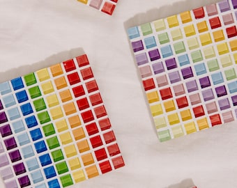 Handmade Rainbow Tile Coasters - Drink Coasters, Pastel & Vibrant Mosaic, Bohemian Home Decor, Unique Housewarming Gift, Colorful Coasters