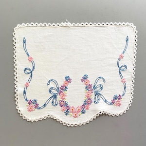 Doilie Vintage Embroidered Blue Pink Flowers with Blue Ribbon and Crocheted Edges