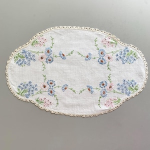 Doilie Vintage Embroidered Blue and Pink Flowers with Crocheted Edges