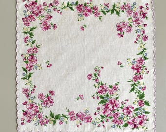 Handkerchief Vintage Sheer Dark Pink Blue Yellow Flowers Scalloped Edges