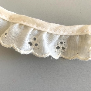 May include: Close-up of a cream-colored fabric trim with a scalloped edge and eyelet detailing. The trim has a ruffled appearance and is likely made of cotton or a similar lightweight material. The eyelets are arranged in small clusters.