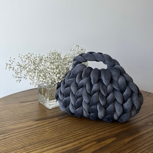 Homemade DARK GRAY Chunky Yarn Bag, Hand Knit Mini Tote, Cozy Velvet Puffer Handbag