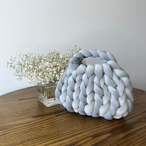 Homemade LIGHT GRAY Chunky Yarn Bag, Hand Knit Mini Tote, Cozy Velvet Puffer Handbag