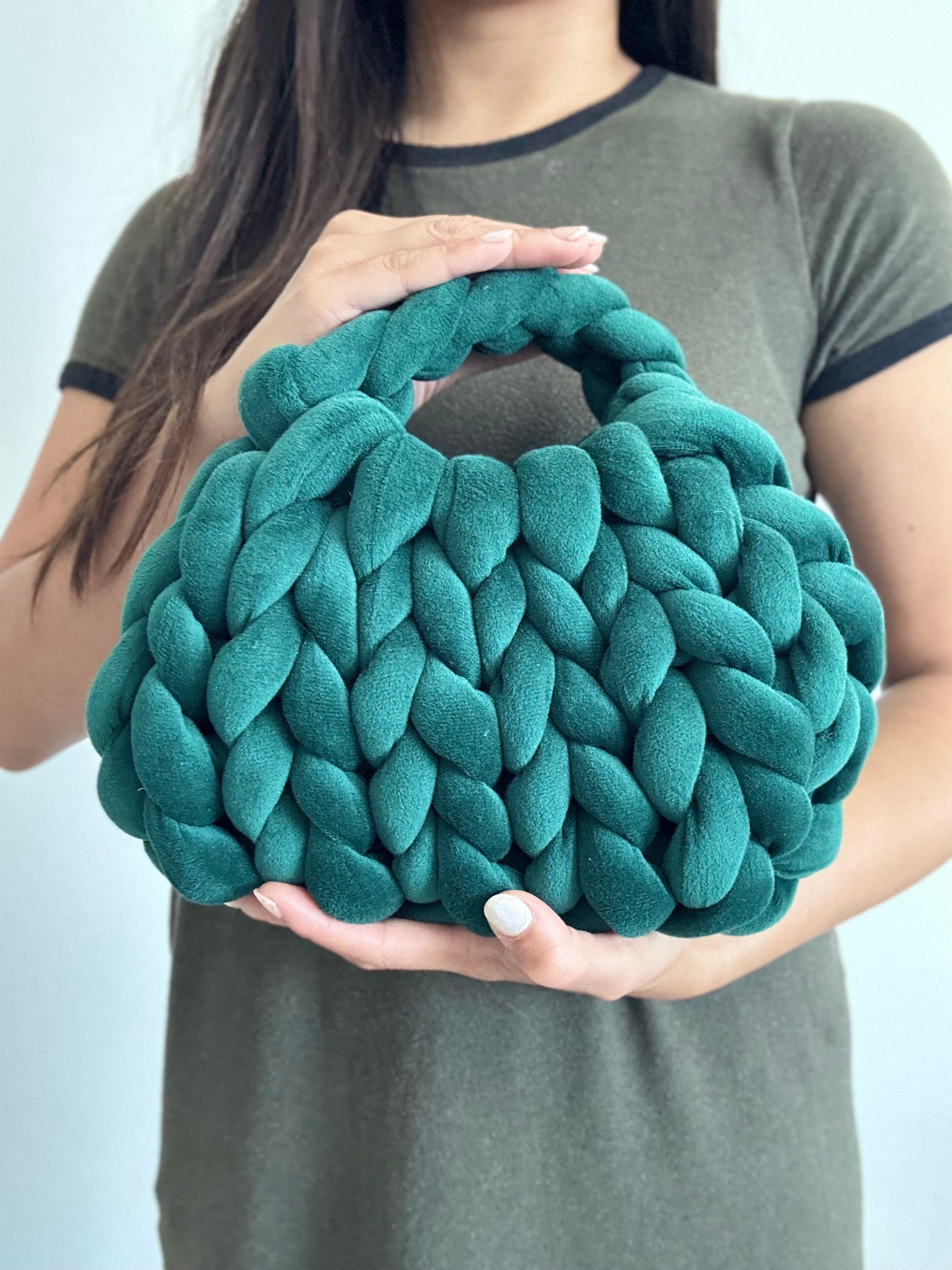 ●augustone8● [HANDMADE] WOOLLY BAG_green Homemade EMERALD GREEN Chunky Yarn Bag, Hand Knit Mini Tote