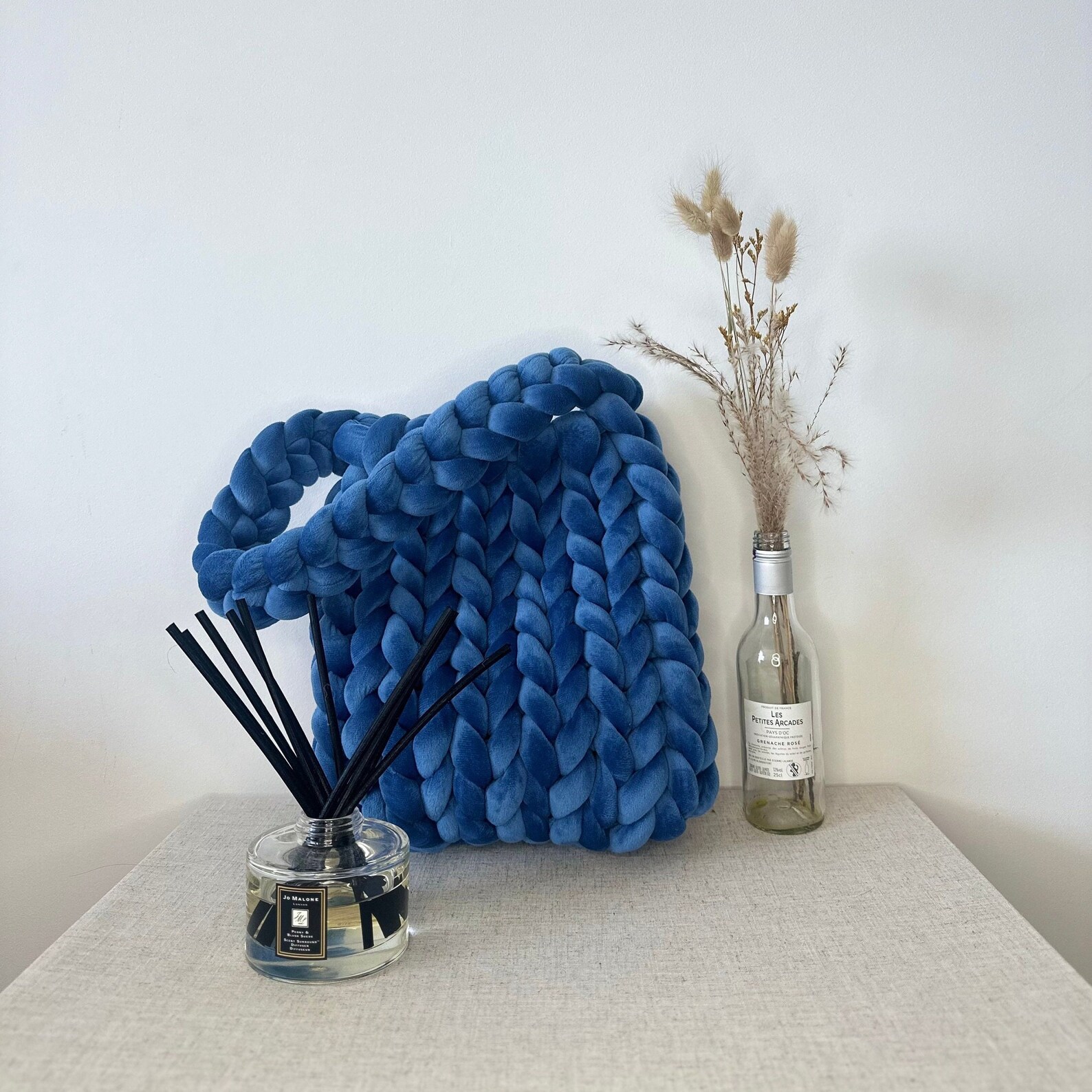 Homemade ROYAL BLUE Chunky Yarn Tote Bag, Hand Knit Tote, Cozy Velvet ...