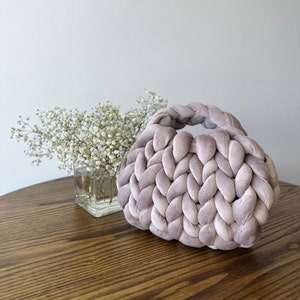 Homemade MUTED GRAY Chunky Yarn Bag, Hand Knit Mini Tote, Cozy Velvet Puffer Handbag