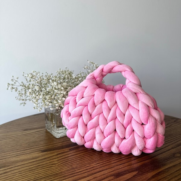 Homemade BARBIE PINK Chunky Yarn Bag, Hand Knit Mini Tote, Cozy Velvet Puffer Handbag