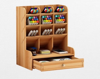 Wooden Desk Organiser with Drawer, Pen Holder, Large Capacity Stationery Desktop Storage Box, Desktop Stationary Organiser