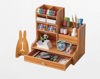 Wooden Desk Organiser with Drawer, Pen Holder, Large Capacity Stationary Storage Box, Desktop stationary organiser