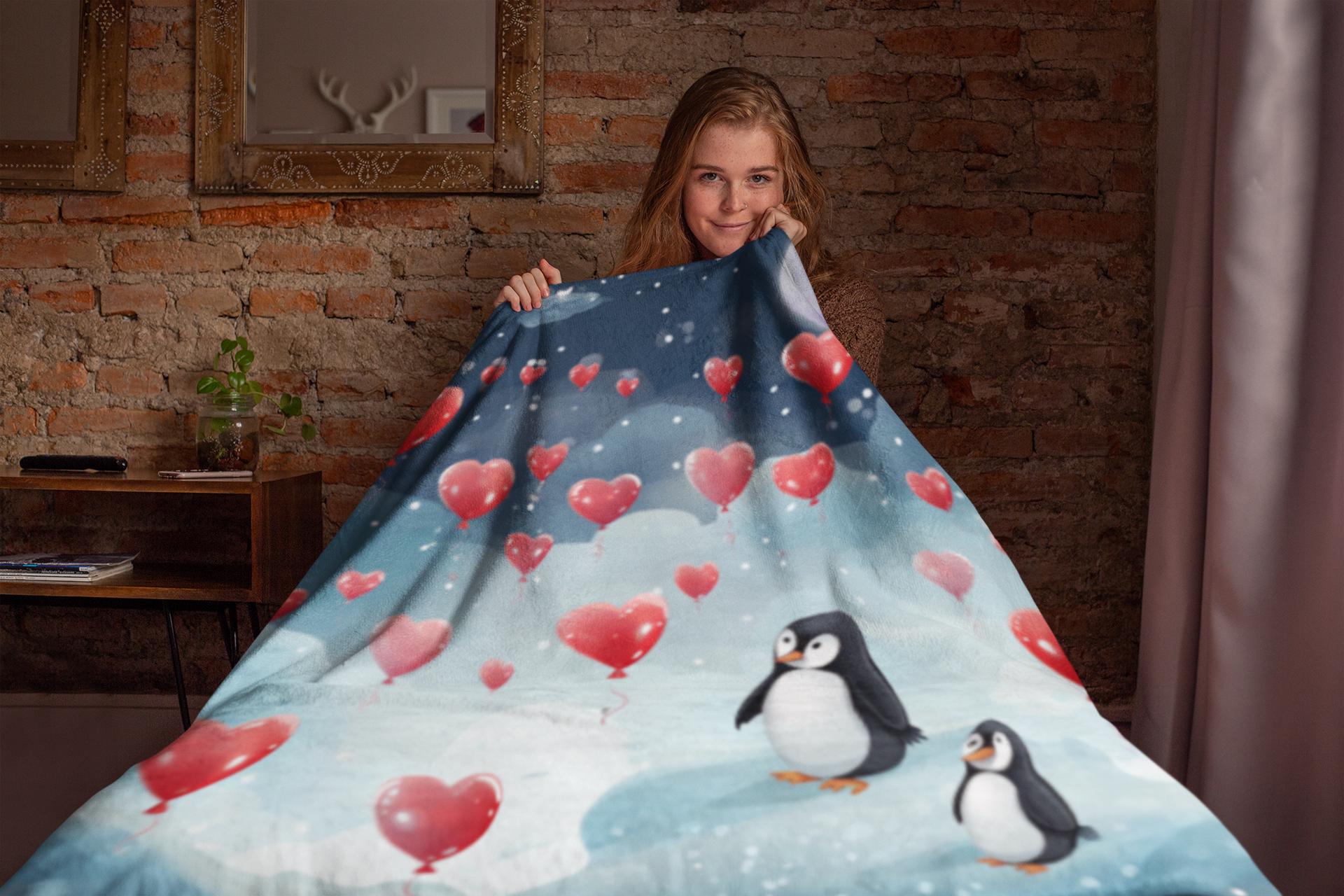 Dreaming of Love Cozy Penguin Heart Valentine Velveteen Plush Blanket
