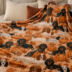 Dachshund Puppies Pumpkin Patch Velveteen Plush Blanket, Fall Autumn Wiener Dog Throw