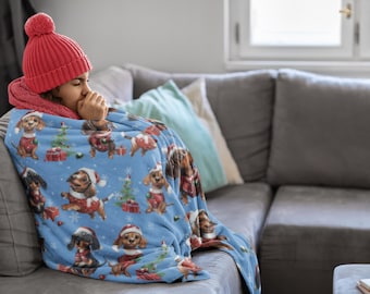 愛らしいクリスマス ミニチュア ダックスフントの子犬の心地よいベルベット プラッシュ ブランケット