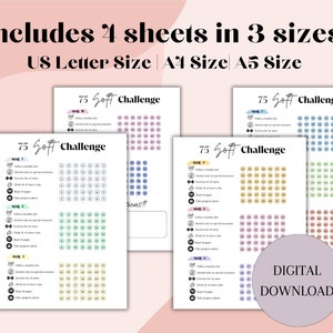 May include: Four printable sheets for a 75 Soft Challenge. The sheets are in three sizes: US Letter, A4, and A5. Each sheet has a grid with 75 circles, and the text "75 Soft Challenge" is at the top of each sheet. The sheets are in different colours: pink, blue, green, and yellow.