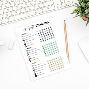 May include: A printable 75 Soft Challenge tracker with three weeks of daily goals. The goals include following a healthy diet, meditating, exercising, drinking water, reading, and taking progress photos. The tracker is designed with a green, blue, and yellow colour scheme.