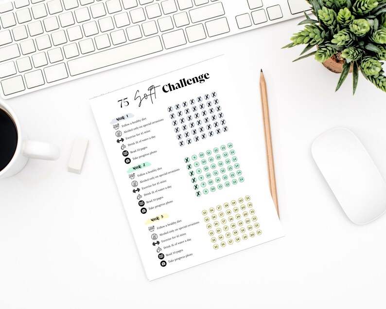 May include: A printable 75 Soft Challenge tracker with three weeks of daily goals. The goals include following a healthy diet, meditating, exercising, drinking water, reading, and taking progress photos. The tracker is designed with a green, blue, and yellow colour scheme.