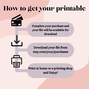 May include: A diagram showing how to get your printable file after purchasing it. The steps are: 1. Complete your purchase, 2. Download your file from etsy.com/your/purchases, 3. Print at home or a printing shop and enjoy!