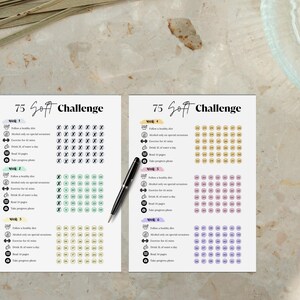 May include: A printable 75 Soft Challenge tracker with six weeks of daily tasks. The tracker includes a healthy diet, alcohol only on special occasions, exercise for 45 minutes, drink 1 litre of water a day, read 10 pages, and take progress photos. The tracker is colour-coded with green, yellow, and purple.