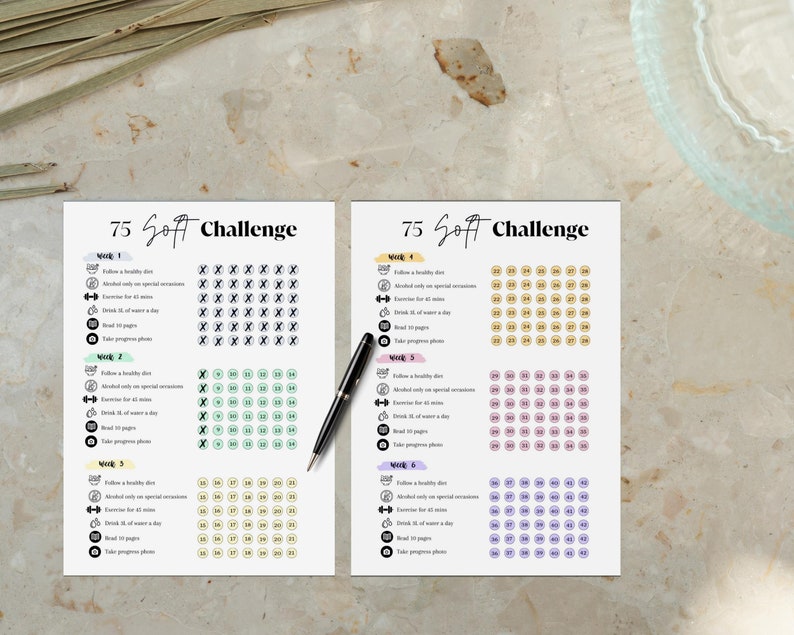 May include: A printable 75 Soft Challenge tracker with six weeks of daily tasks. The tracker includes a healthy diet, alcohol only on special occasions, exercise for 45 minutes, drink 1 litre of water a day, read 10 pages, and take progress photos. The tracker is colour-coded with green, yellow, and purple.