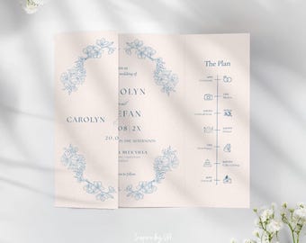 French Toile Blue and Ivory Gatefold Wedding Invitation, Modern Old Money Chinoiserie, Trifold Invite Custom Canva, Rustic Vintage DIY | CA1