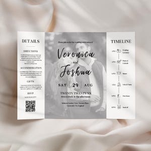 May include: A wedding invitation featuring a black and white photograph of a couple. The invitation details the names Veronica and Joshua, the date Saturday 29th August, the year Twenty Twenty XX, the time two o'clock in the afternoon, and the location Beken Garden View Terrace Place, Cornwall, CNL, England. The invitation also includes a timeline of the wedding day.