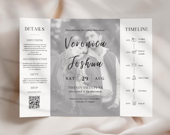 Gatefold Wedding Invitation Template, Modern Photo Invite With QR Code, Digital Canva Printable Trifold, Classy Wedding Folded Invitation